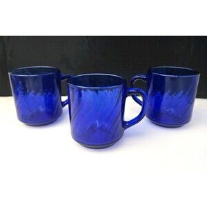 3 Vintage Arcoroc Mugs Cobalt Blue Swirl Glass Coffee Cups Made In France 3.5"